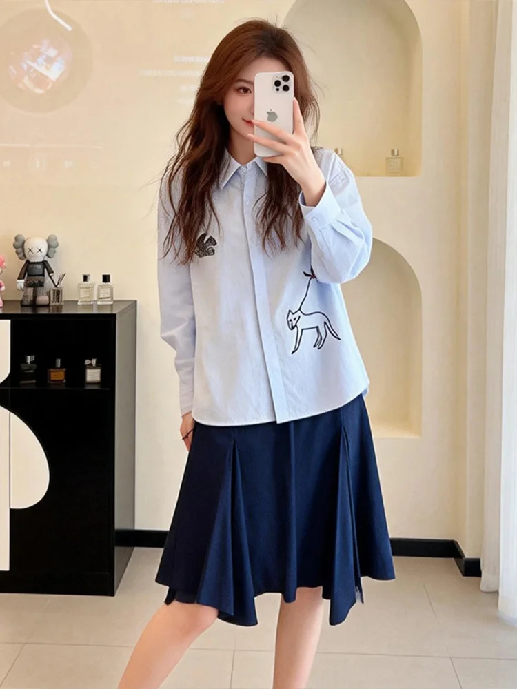 

Blue Embroidered Neck Shirt Set Spring 2026 New Design Sensation Small Audience Midi Skirt Two Piece Set Casual Style