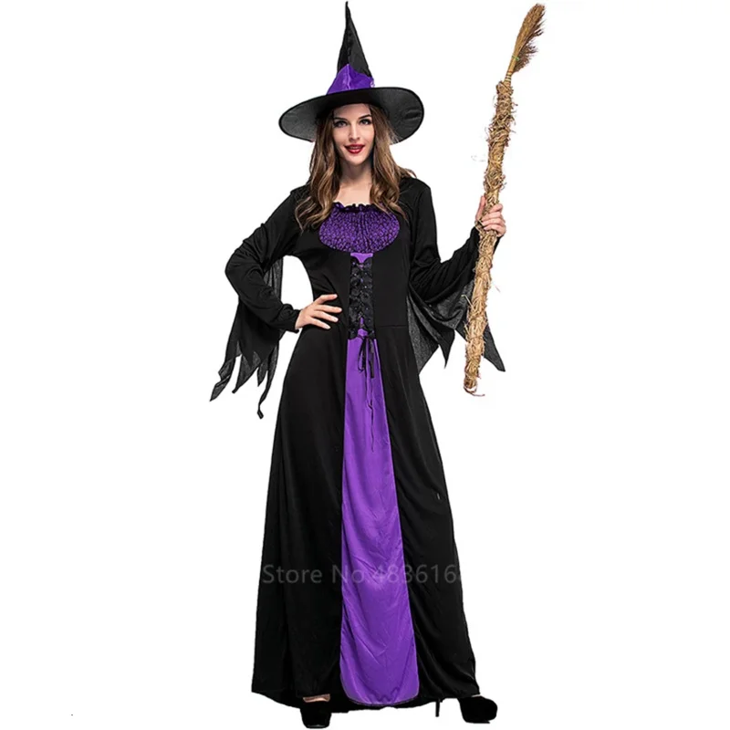 Halloween Witch Vampire Costumes for Women Adult Scary Purple Carnival Party Performance Drama Masquerade Clothing with Hat