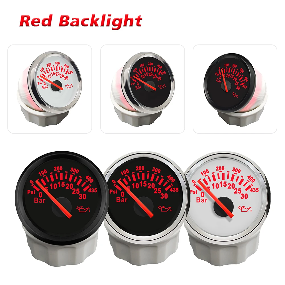 Popular Motorcycle Boat Truck Universal 52mm Oil Pressure Gauge 0-30Bar 0-435Psi with Red Backlight 12V 24V