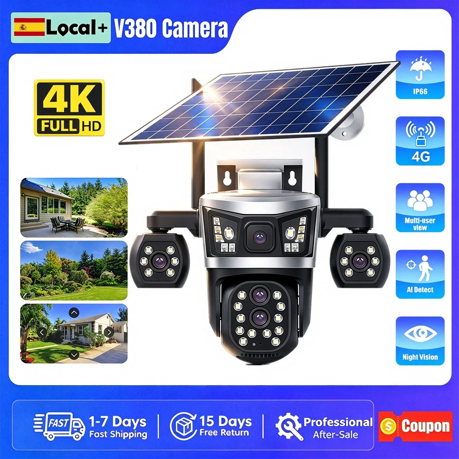 V380 4G SIM Solar-Kamera 16MP 4-Linsen 4-Bildschirme 360 °   PTZ Outdoor Kabellose CCTV Nachtsicht Heimüberwachung Videoüberwachung