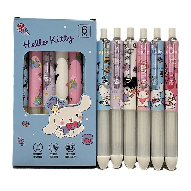 Sanrio Olá Kitty Gel Pen, Bonito Dos Desenhos Animados, Kuromi Melody Cinnamoroll, Alta Aparência, Press Pen, Material Escolar para Meninas, Presente Infantil, 6Pcs