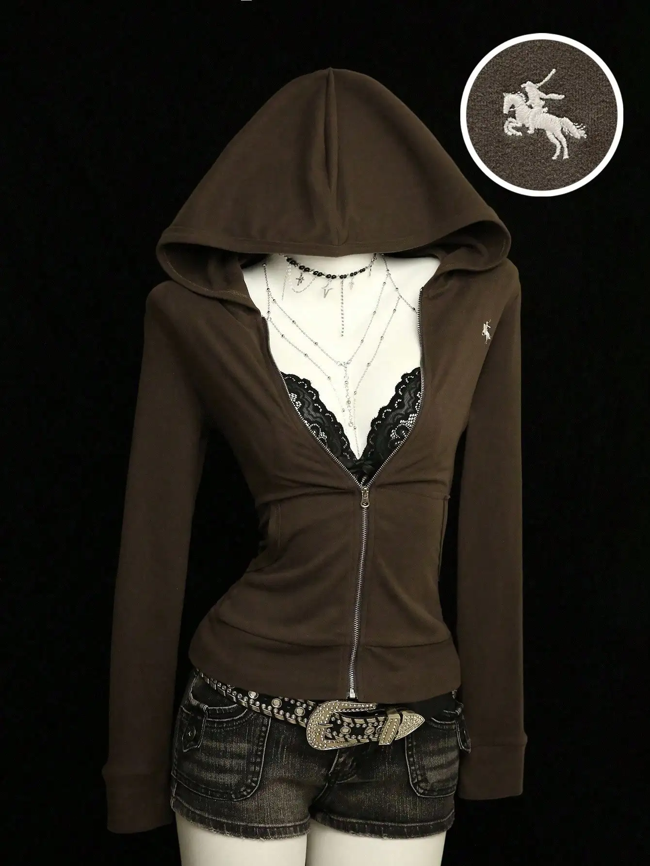 

Brown Embroidered Hooded Zip-Up Slim Fit Jacket for Women, Vintage Casual Autumn/Winter Style