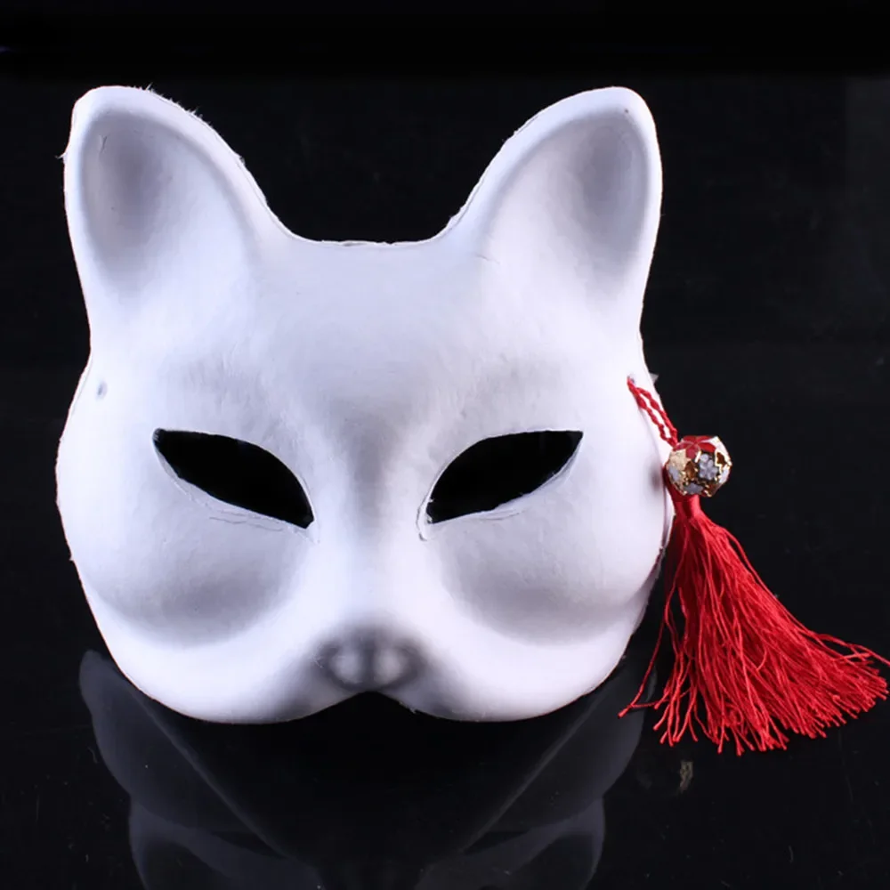 Japanese Diy Mask White Embryo Plasma Cat Mask Paintable Halloween White Half Face Role-Playing Anime Party Costume