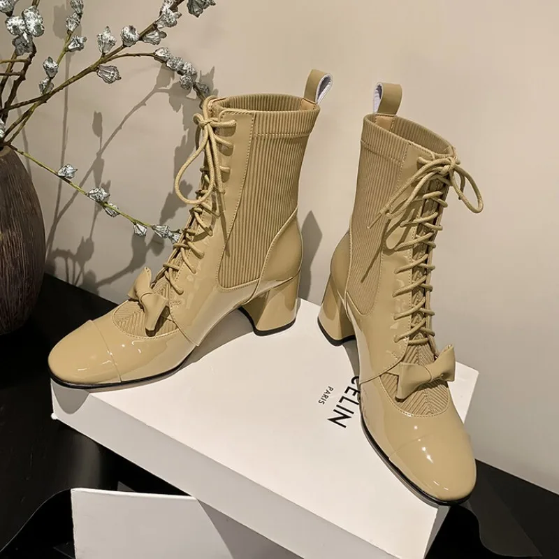 Round Bow Short Boots 2023 New Color Matching 5cm Thick Heeled Chelsea High Heeled Boots 35-39 Elastic Back Zipper Women\'s Boots