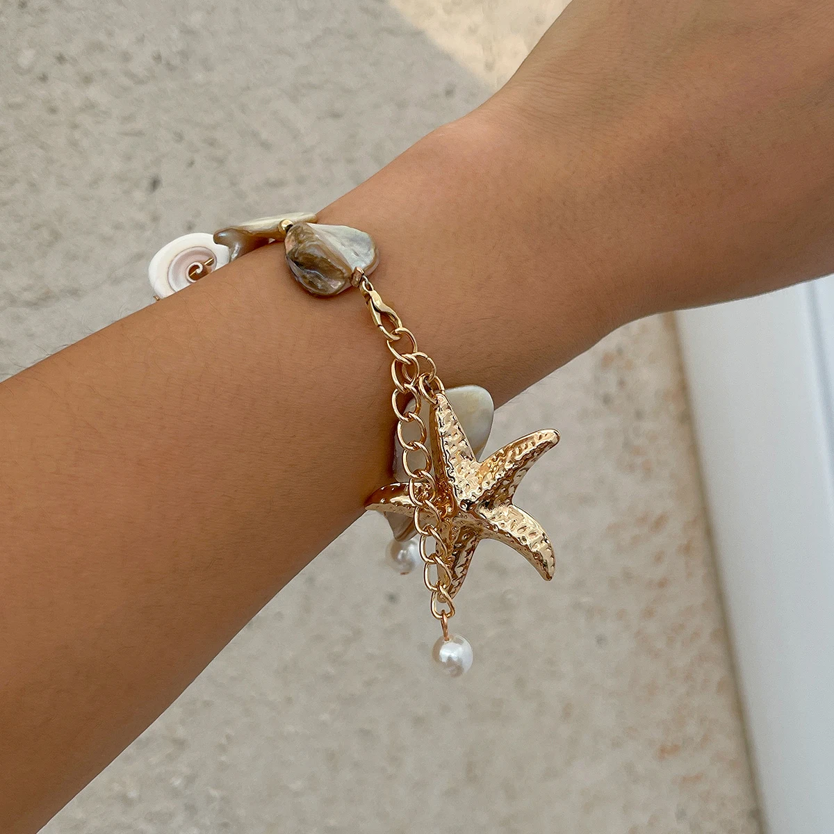 PuRui Bohemia Gold Color Super Large Star Pendant Bracelet Exaggerated Big White Stone Snail Women Summer Beach Chain Bracelet