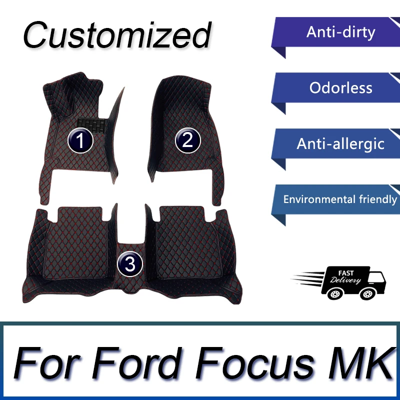 Custom Automotive Car Floor Mats For Ford Focus MK1 2000 2001 2002 2003 Auto Luxury Leather Men Women Car Mats Full Coverage