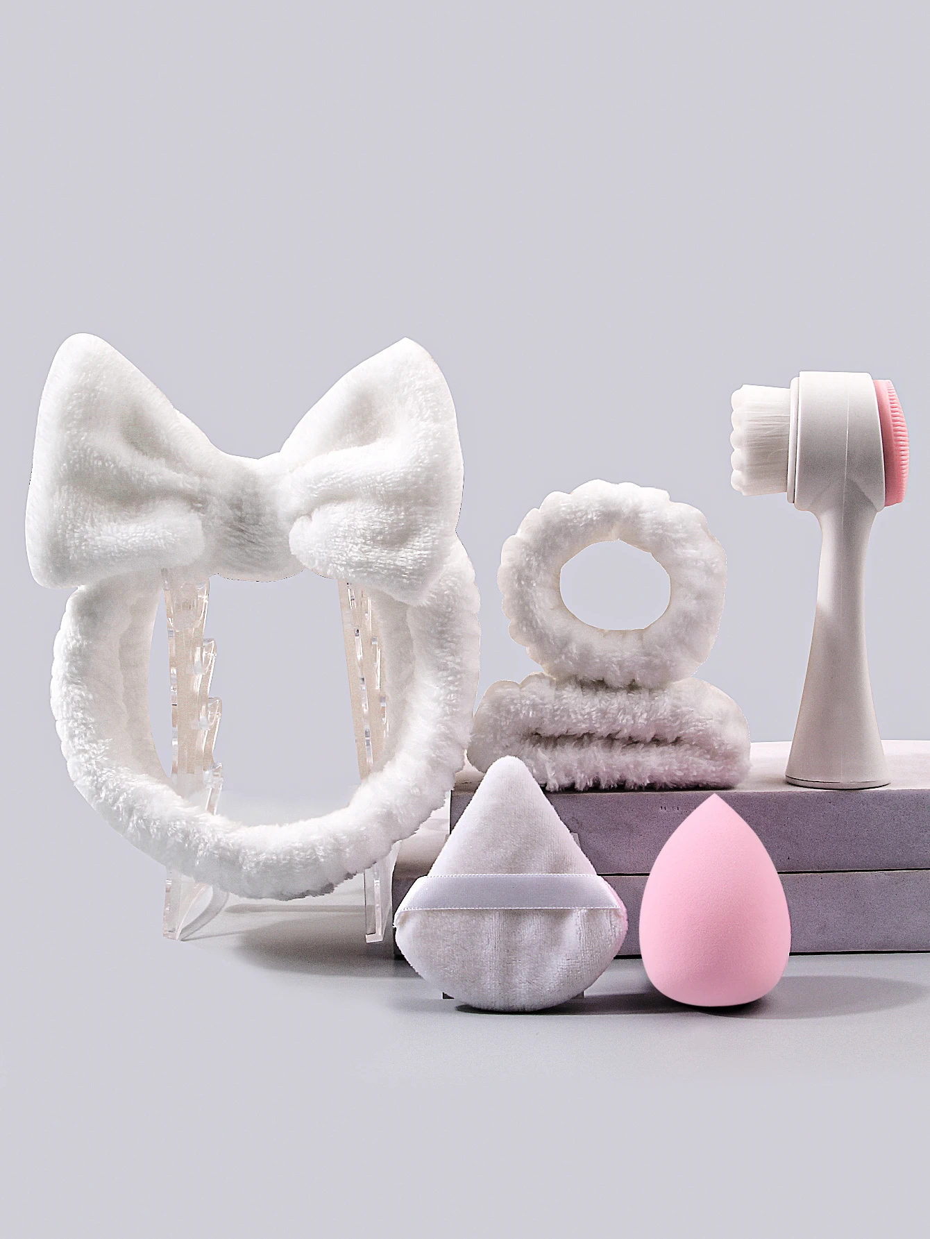 مجموعة تنظيف بودرة مكياج فائقة العملي مكونة من 6 قطع: رباط شعر ناعم، سوار معصم، فرشاة وجه + نفخة مسحوق بيض إسفنجية رفيعة #3