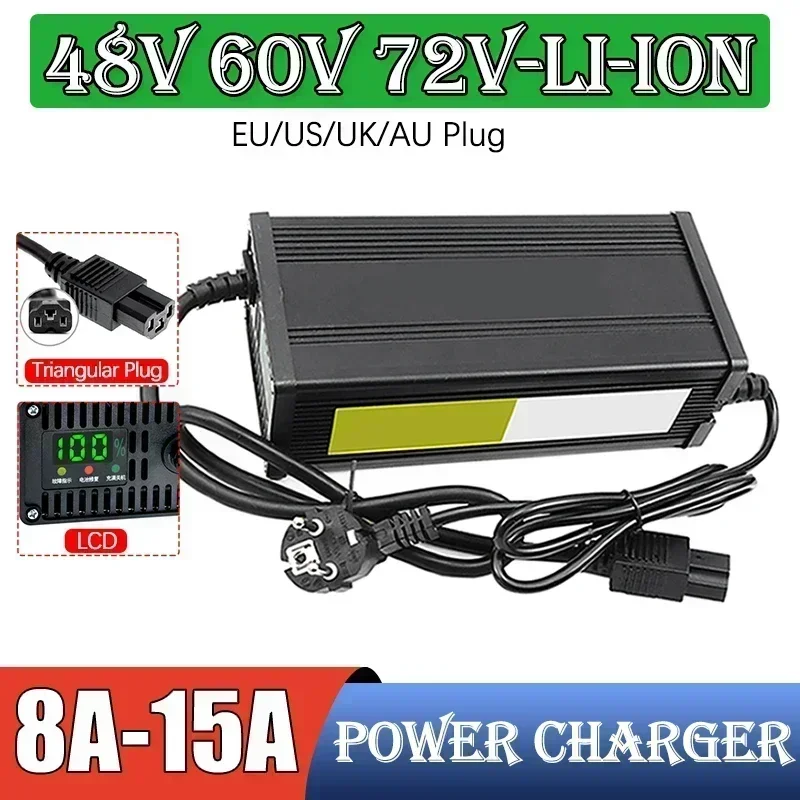 Caricabatteria al litio per veicoli elettrici 48V 60V 72V 54.6V 65.7V 84V 8A 10A 15A ricarica rapida intelligente spina US/EU/AU/UK