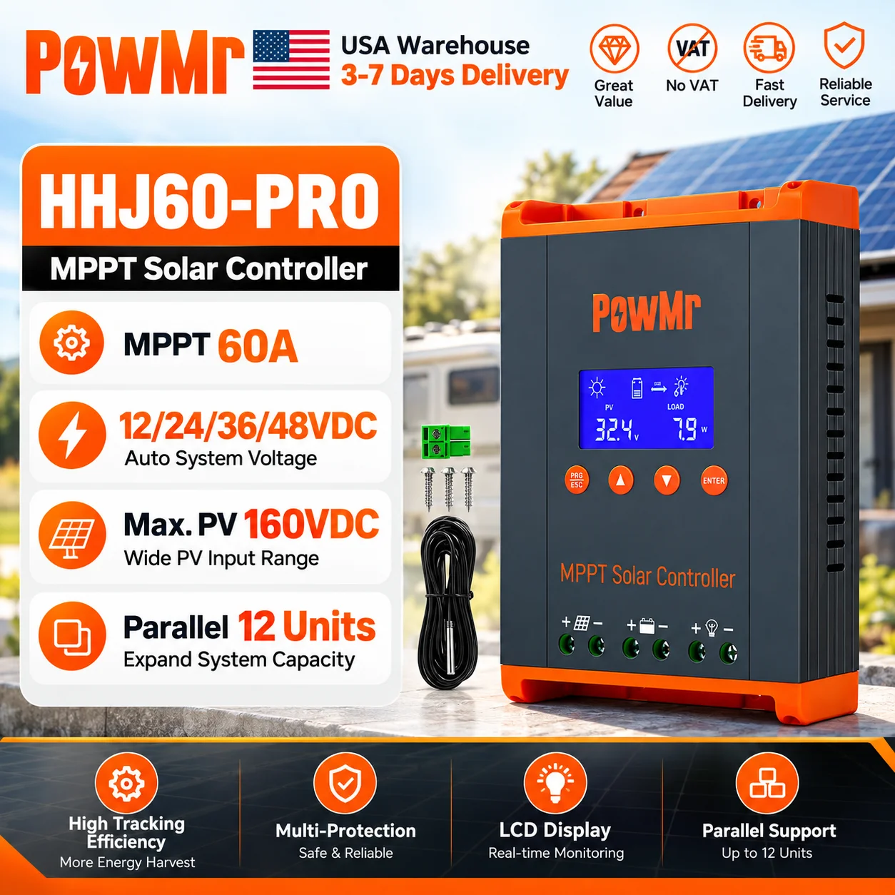 PowMr USA 60A MPPT Solar Charge Controller 12V 24V 36V 48V PV 20-160V Max 720W/1440W/2100W/2800W Solar Panel Regulator for Lead Acid Gel LiFePO4 Battery Home Off Grid Solar Power System for Farm Solar Station Battery Charging Regulator