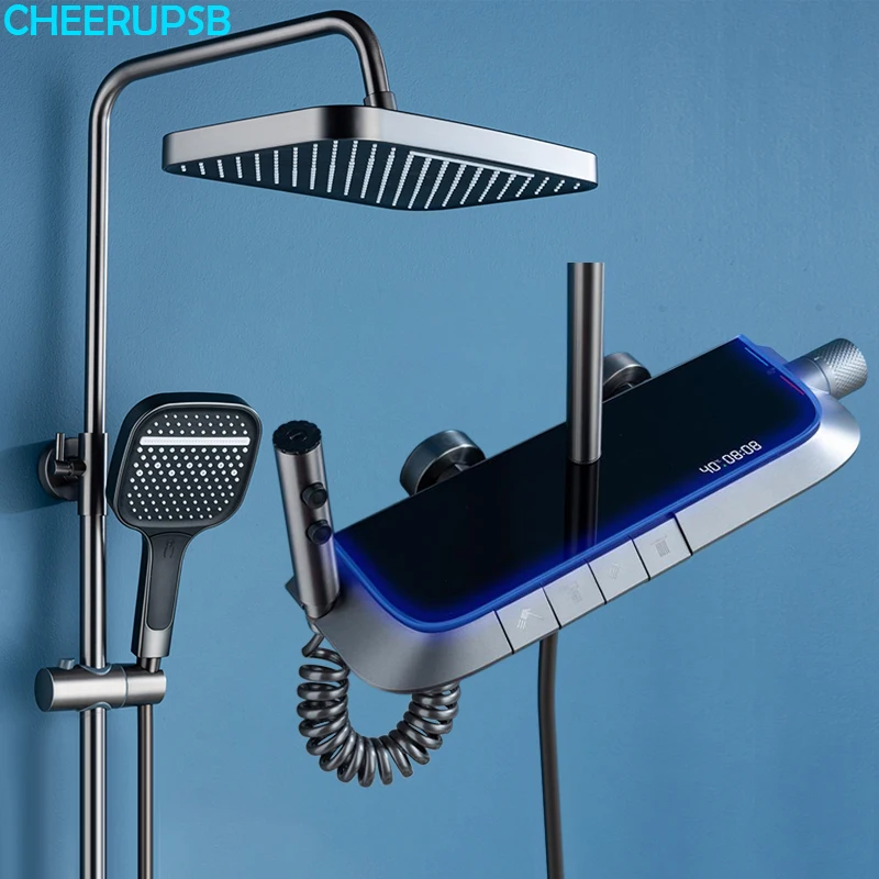 

Hot Cold Rain Shower Faucet Bathroom Wall Mount Thermostatic Mixer Shower Set Bathtub LED Digital Modern Shower System Faucets