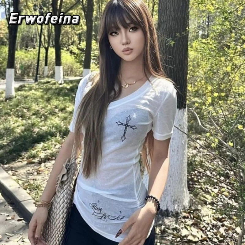 

Erwofeina Hotsweet футболки с графическим принтом и крестом, корейская мода с короткими рукавами, одежда 2000-х годов, летние топы Y2k, женские футболки с v-образным вырезом