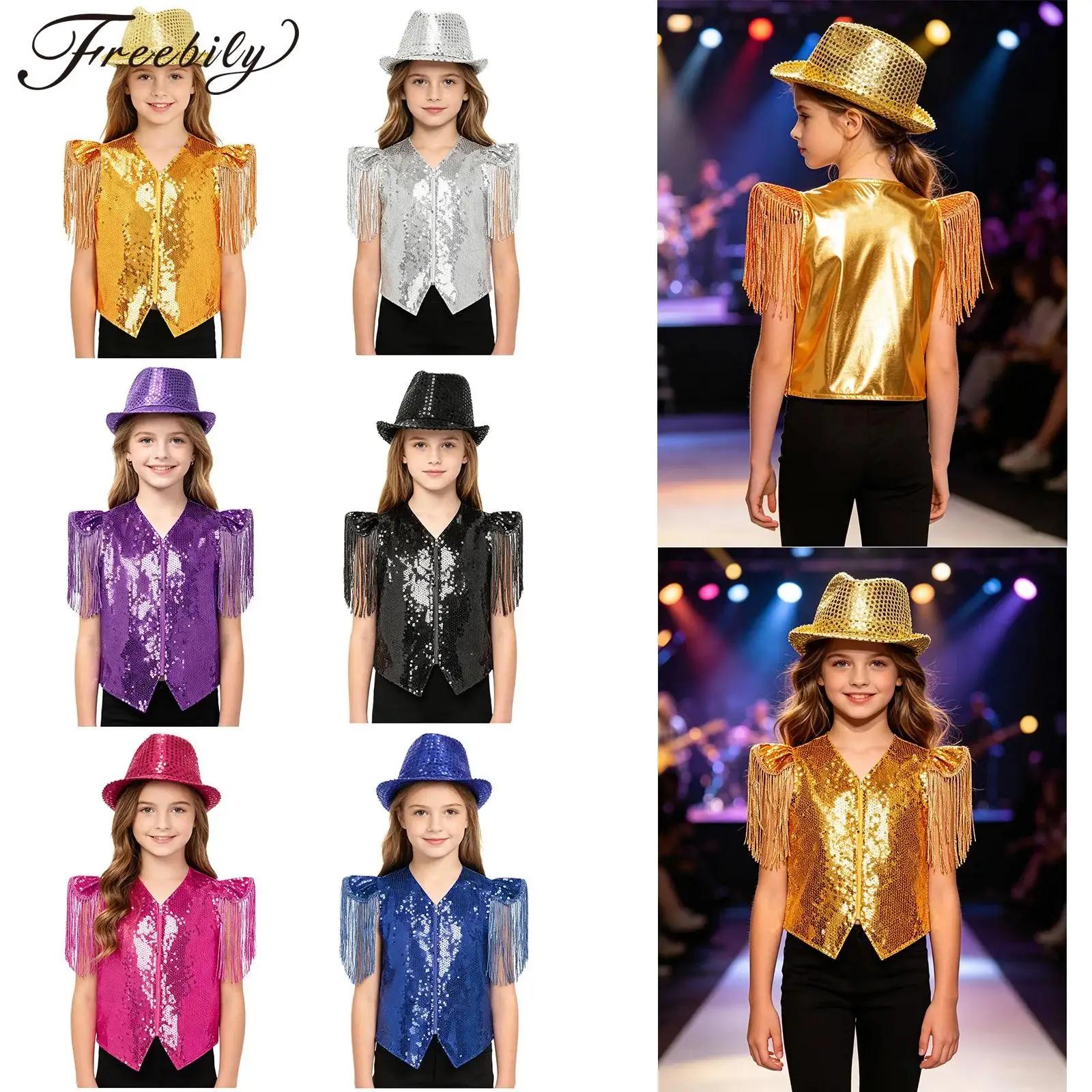 

Детские костюмы для джазовых и хип-хоп танцев для девочек: жилет с короткими рукавами, молнией на талии, пайетками и бахромой, в комплекте с пайеточной шляпкой