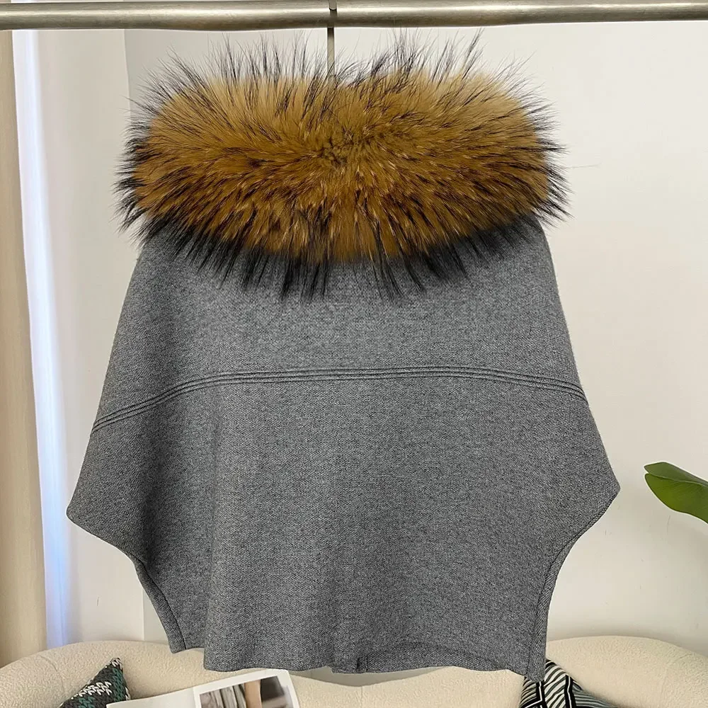 OFTBUY Herbst-Oberbekleidung für Damen, Kurze Batwing-Strickjacke mit Echtfuchs-Pelzkragen und -Manschetten, Kurzer Strickmantel für Damen – Detail 23