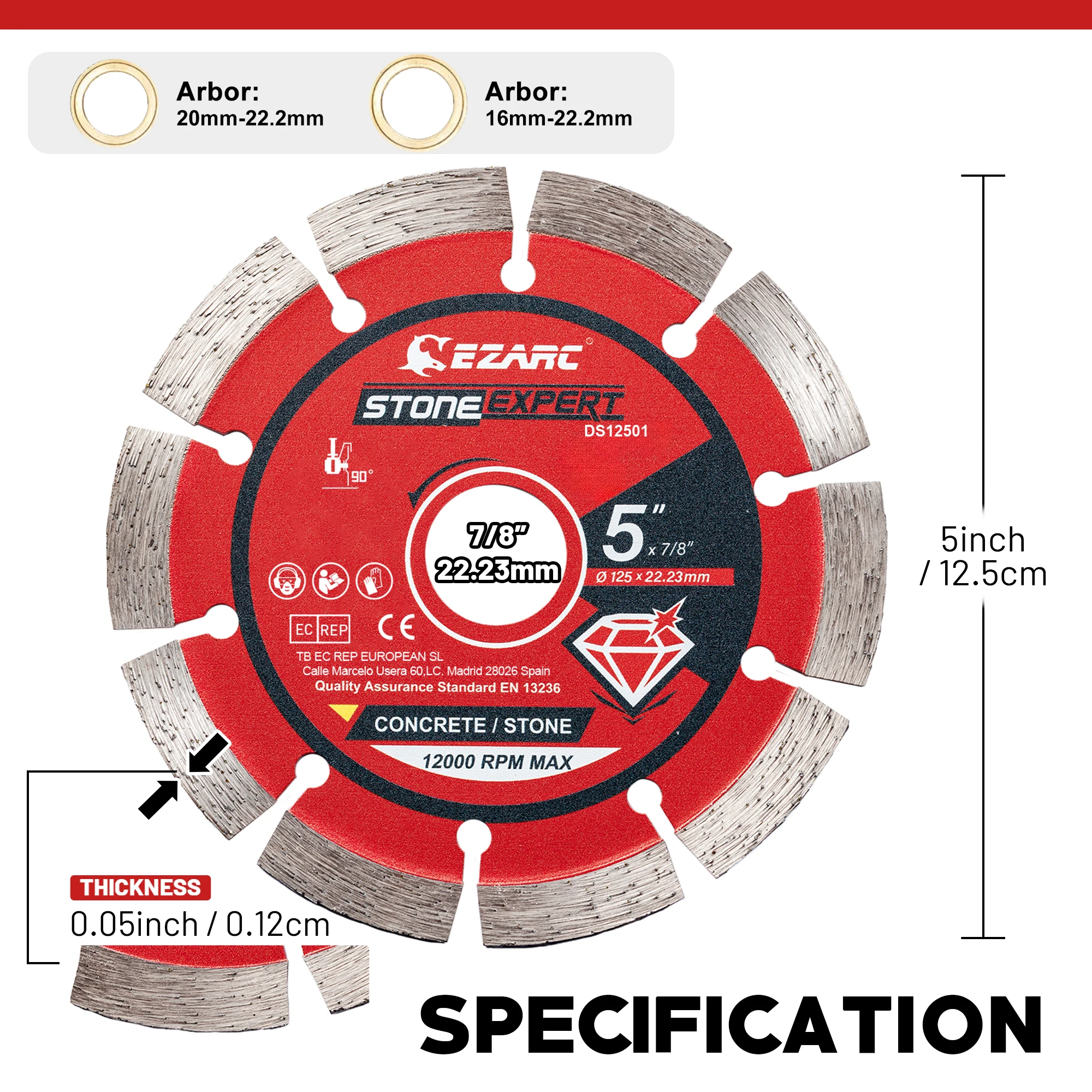 EZARC 5-Inch Segmented Diamond Blades 2PC 125mm Cutting Wheel for Angle Grinder Wet / Dry Cutting Granite Concrete Stone Brick