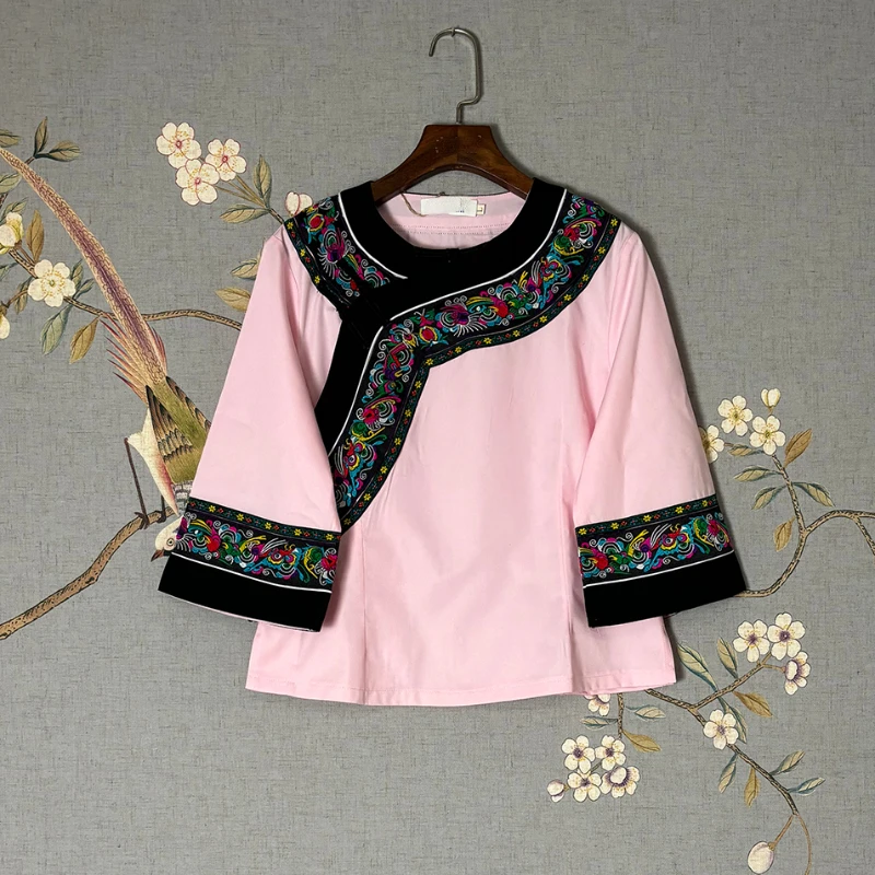 

Chinese Ethnic Embroidery Blouse Women 3/4 Sleeve Loose Summer Tops O-neck Short Tees Ladies Clothes New 2024