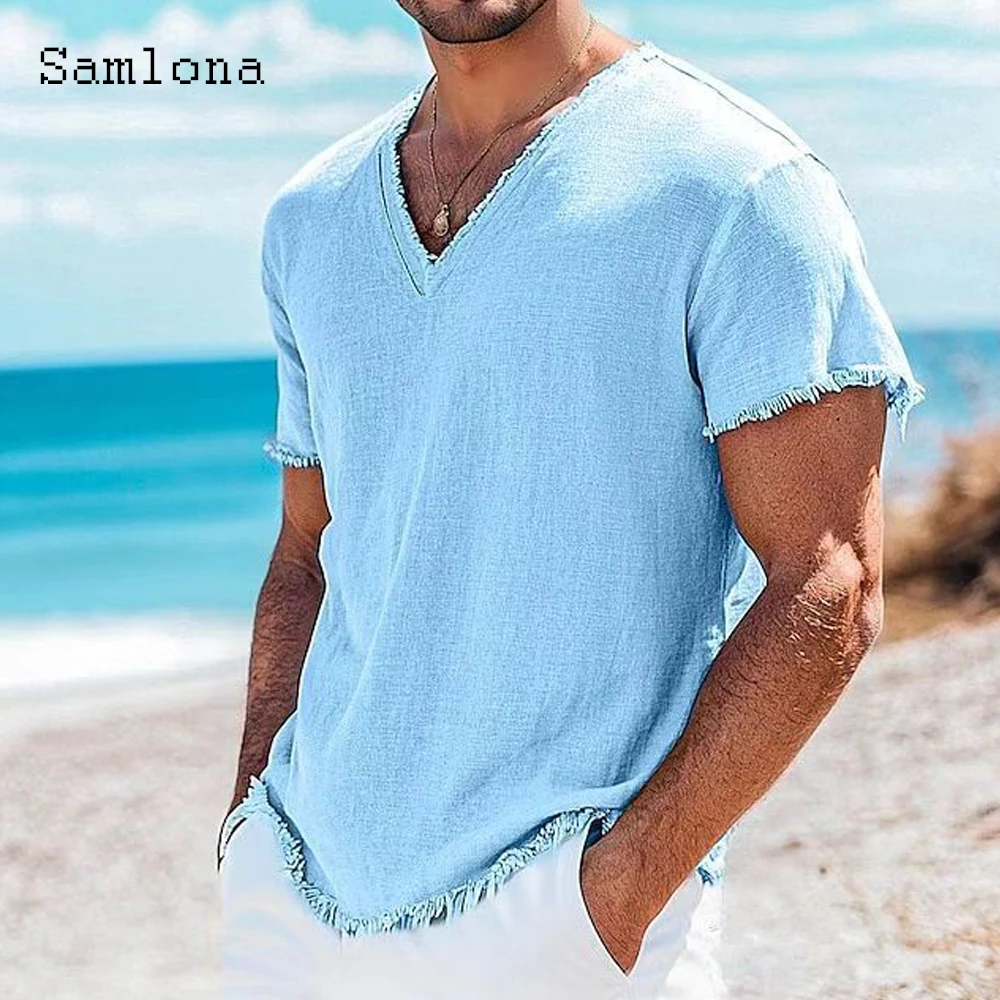 Men Short Sleeve Linen Shirt Clothing 2025 Europe Fashion Basic Top Pullovers Solid White Green Blouse Mens Casual V-neck Shirts