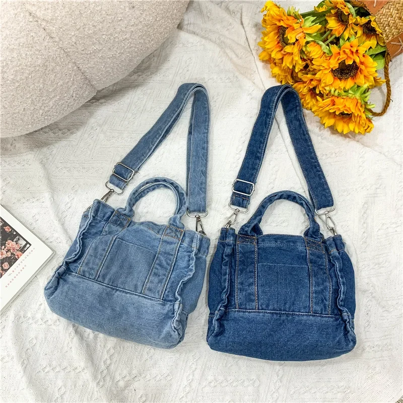 Women Denim Cloth Little Shoulder Bag Girl Light Blue Canvas Fabric Handbag Small Casual Woman Tote Detachable Strap Lady  Purse