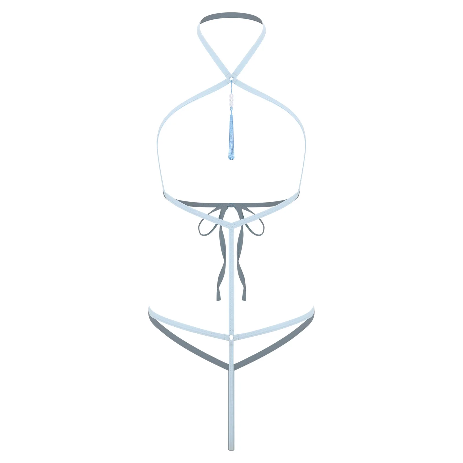 

Hot Bikini Womens One-piece Nightwear Elastic Strappy Lingerie Hollow Out Halter See Through Lace-Up Thong Faux Beads Leotard