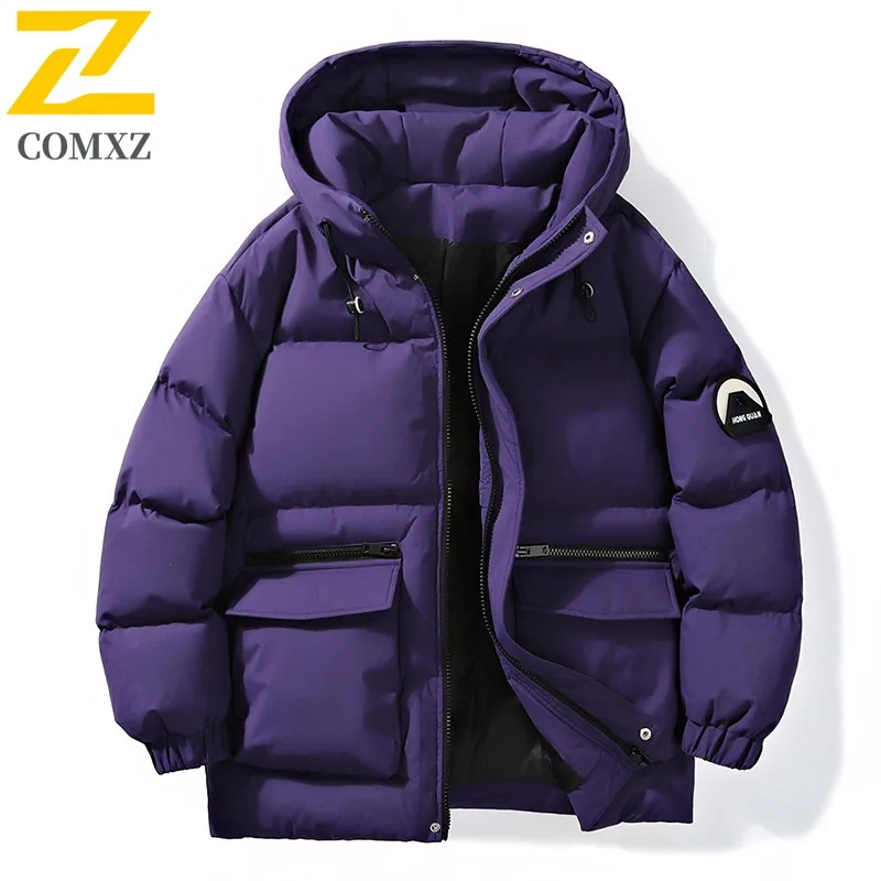 

COMXZ Мужской пуховик премиум-класса с капюшоном для катания на лыжах на открытом воздухе, утепленная теплая парка, однотонный дизайн, ультралегкое удобное зимнее пальто