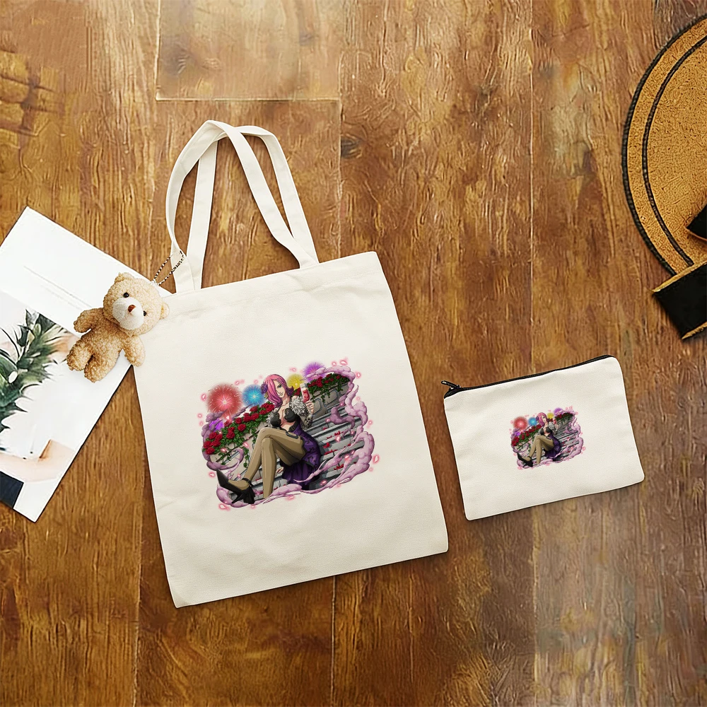 Mom Kaido Print Large Shoulder Bag 3Pcs Canvas Tote Bag Set with Pouch Jinbe Big Students Eco Friendly Reusable Shopping Bag view 4