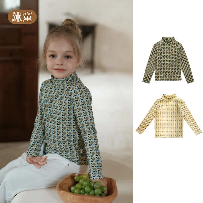 

Girls' Base Shirt 2025 Autumn And Winter New Print Fashion High Neck Warm Children's Long Sleeved T-shirt Pure Cotton Bow Shirt