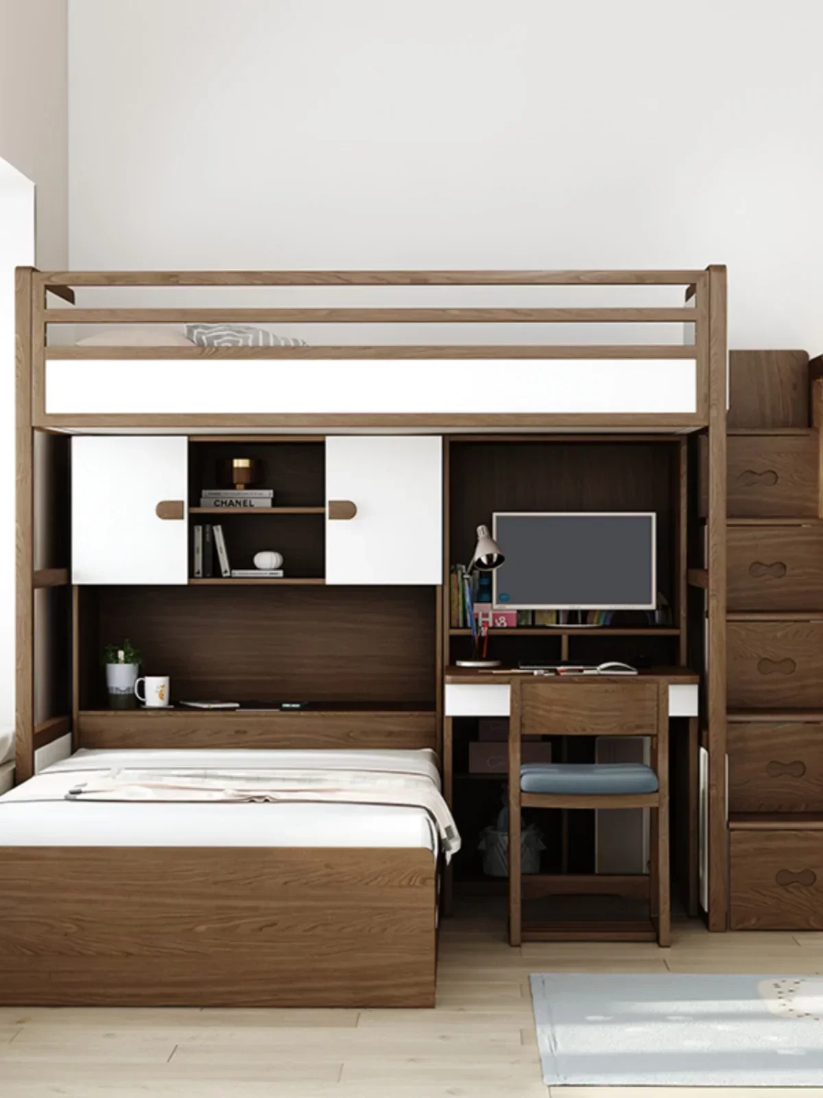 Multi-functional, staggered bunk bed, high and low ，solid wood upper  lower table, combination bed, double bed