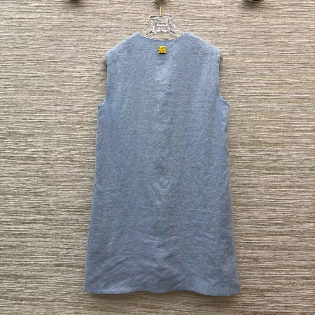 2025 nouvelle mode d'été solide 100% lin Mini débardeur femmes col rond fendu sans manches or clé décoration décontracté robes amples