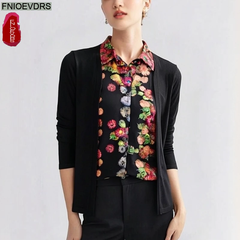 

Autumn Elegant Shirts Fashion Women Long Sleeve Office Lady Patchwork Floral Print Retro Black Button Fake 2-Piece Tops Blouses