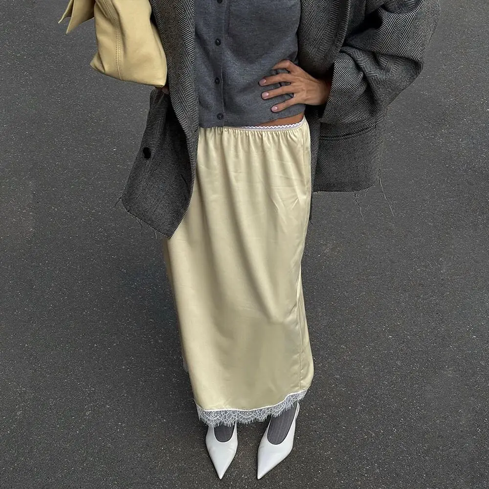 

Absobe Patchwork Lace Trim Straight Skirt for Women Light Yellow Elegant Casual Loose Fit Long Skirt Commuter Casual Streetwear