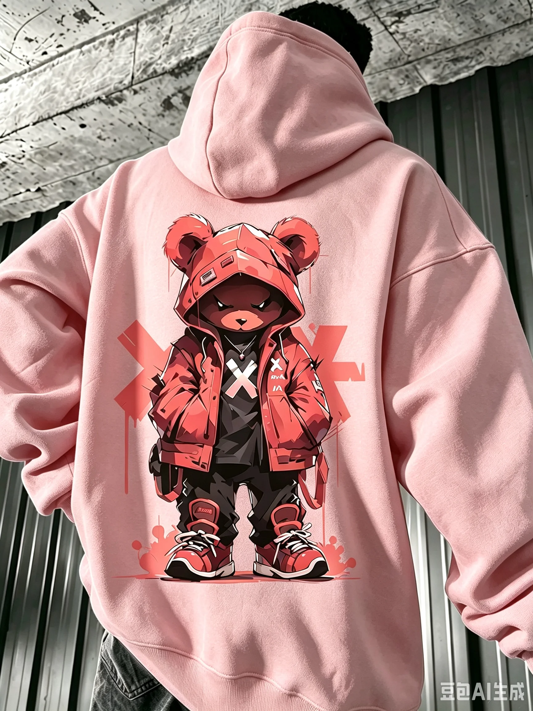 Herren-Hoodie mit Schwarzer OG-Bären-Grafik, Rotem X-Design und Drip-Effekt, Streetwear-Pullover für Urbane Mode – Detail 6