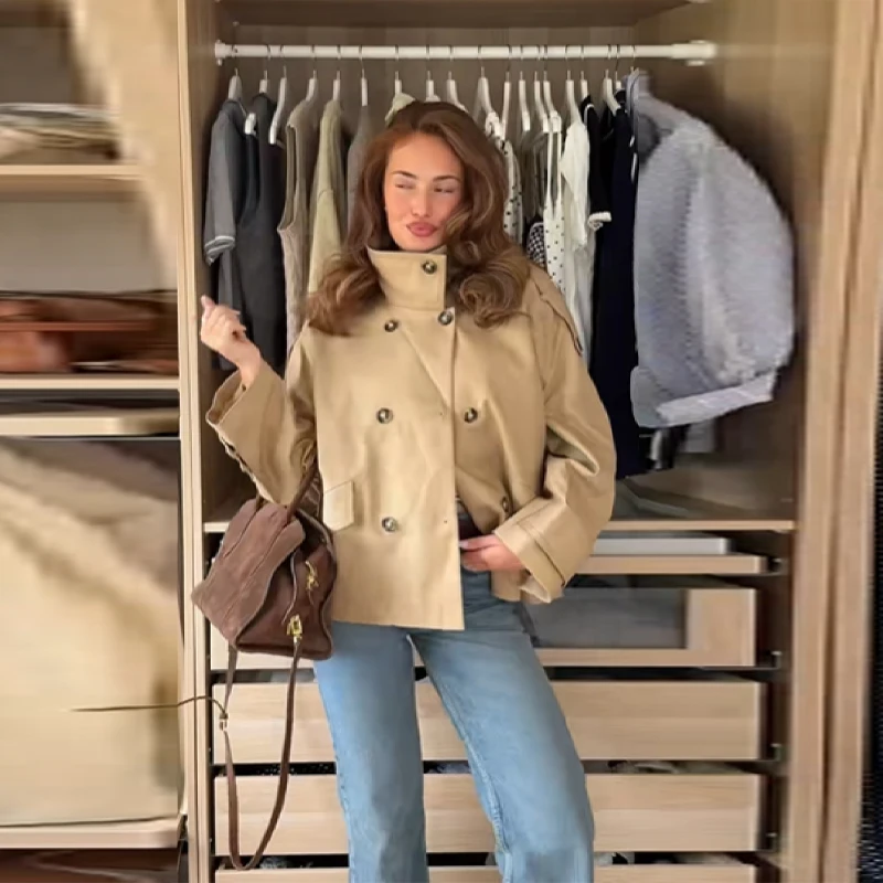

Women Vintage Stand Neck Jacket Double Button Long Sleeve Loose Coat Fake Pocket Solid Outwears 2025 New Lady Autumn Streetwear