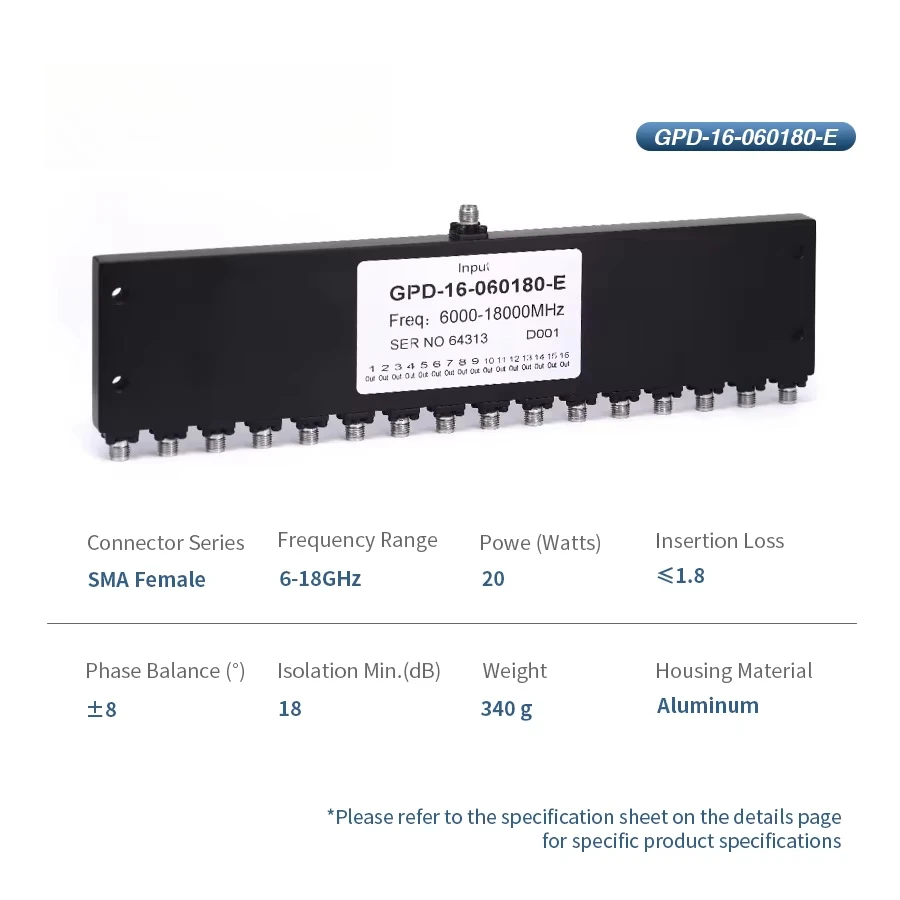 

16-Way SMA Power Divider for Telecom 6 GHz to 18 GHz Rated at 20 Watts