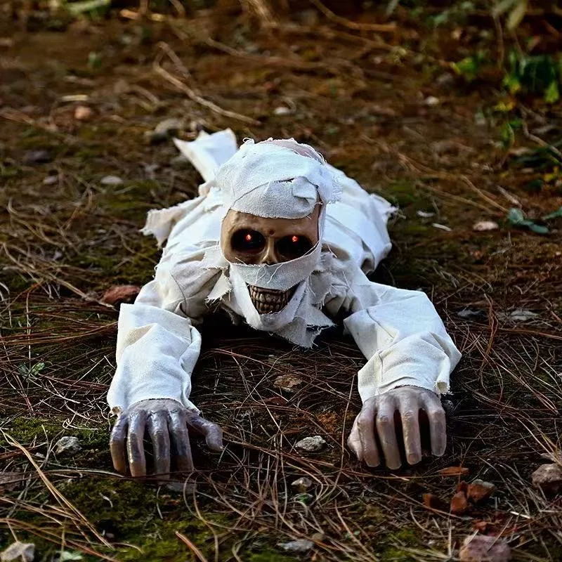 Scary Crawling Mummy Figurine With LED Red Eyes Halloween Indoor Home Decor Creepy Animated Zombie Prop Holiday Party Ornament