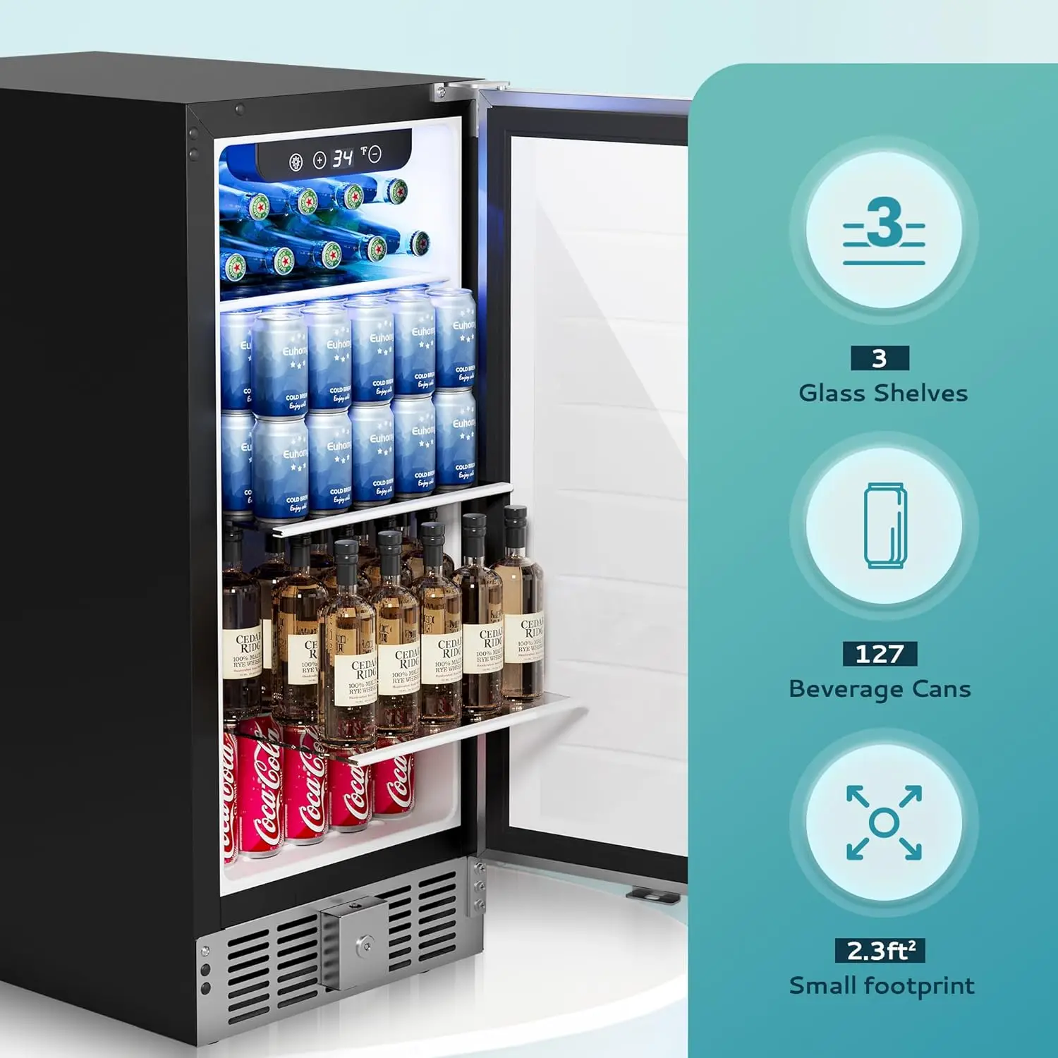 

Beverage Refrigerator 15 Inch, Under Counter 127 Can Beverage Fridge with Stainless Steel Door, Beverage Cooler Built-in