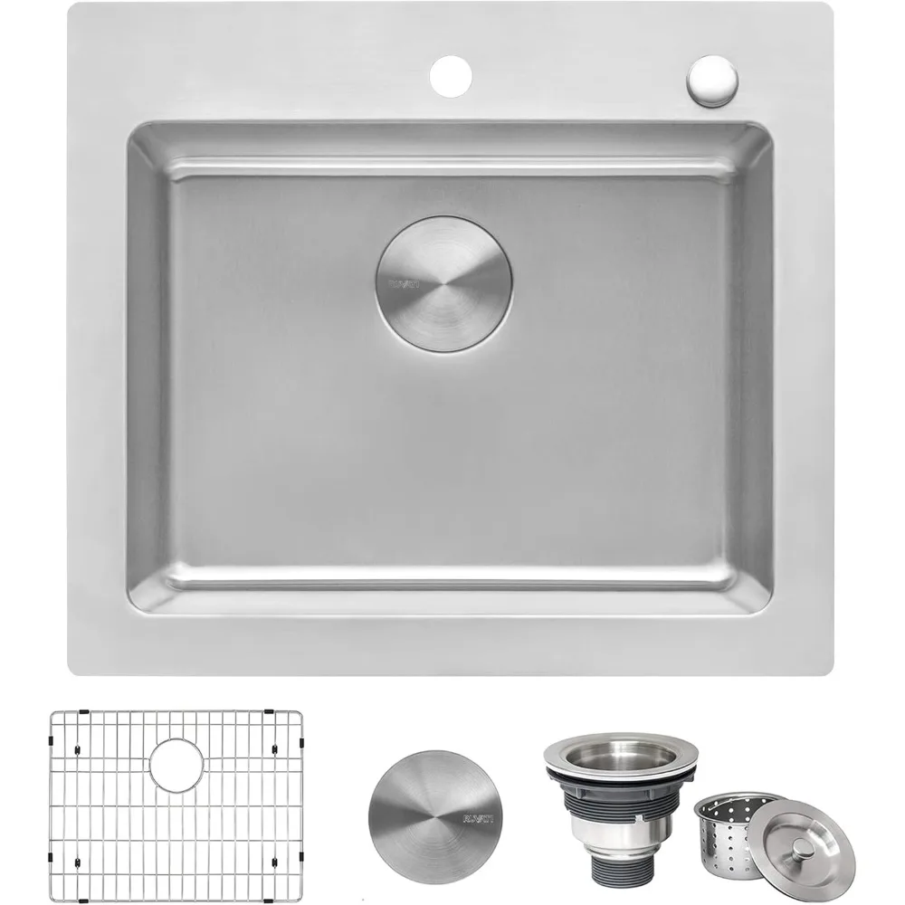 

25 x 22 inch Drop-in Topmount Kitchen Sink - 16 Gauge Stainless Steel Single Bowl with Brushed Finish hides scratches