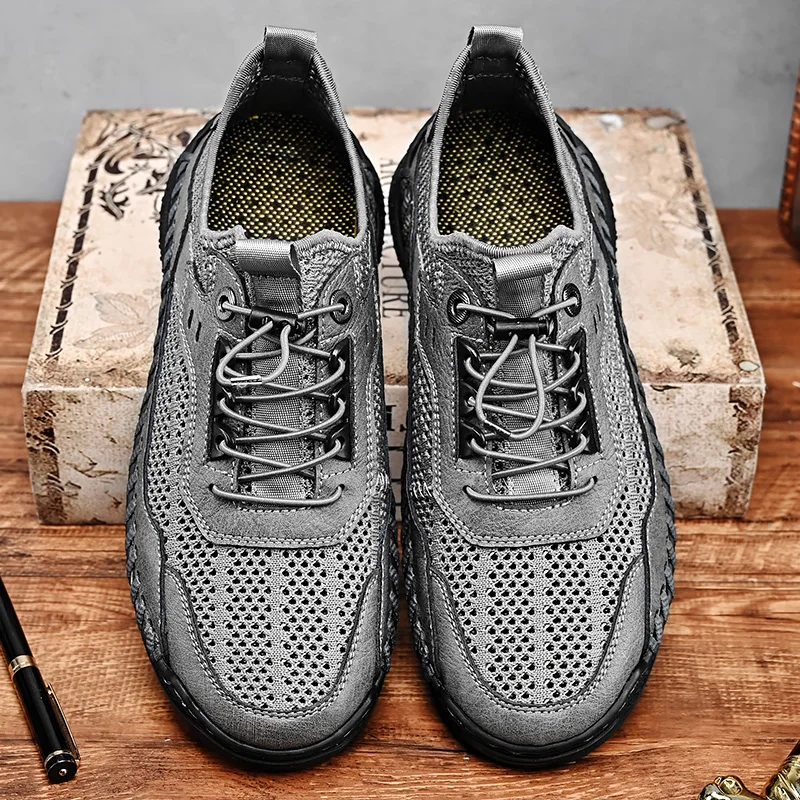 

Men Summer Breathable Mesh Casual Shoe with Handmade Stitching Elastic Band Anti Slip Sweat Absorbing Outdoor Driving Beach Shoe
