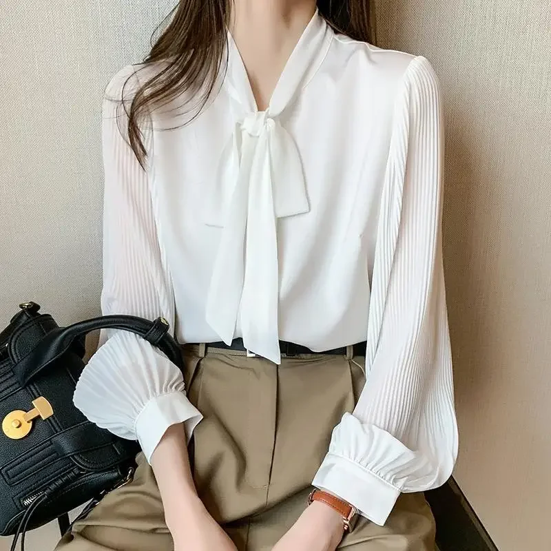 Spring New Bow White Chiffon Korean Shirt Tops Long Sleeve Solid Loose Office All-match Blouse Temperament Fashion Women Clothes