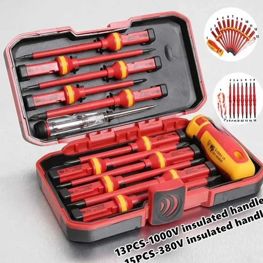 Electrician Repair Tools Kit 15pcs 1000V Changeable Insulated Screwdrivers Set with Magnetic Slotted Phillips Pozidriv Torx Bits