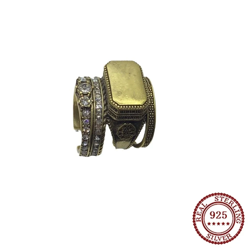

2025 New Trendy Classic Women's Three Ring Printed Diamond Set Ring with Retro Style Open Mouth Big Men's Ring