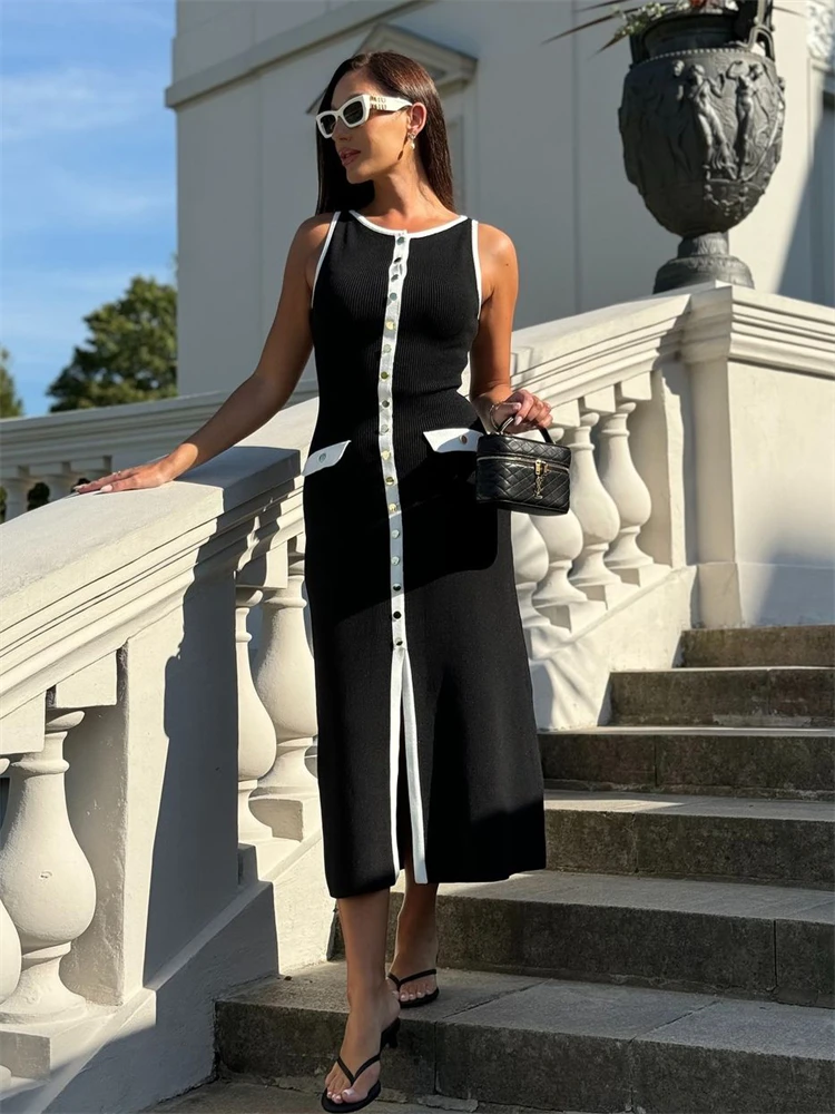 Gaun Rajut Panjang Wanita Pinggang Tinggi Slim Kantong Tanpa Lengan Gaun Pesta Elegan Rajutan Wanita Gaun Maxi