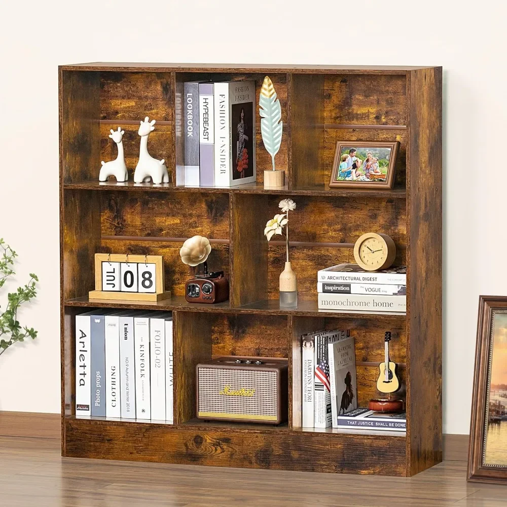 8 Cube Bookshelf with Base,3 Tier Mid-Century Modern Brown Bookcase,Standing Wide Bookshelves Storage Organizer Shelf,