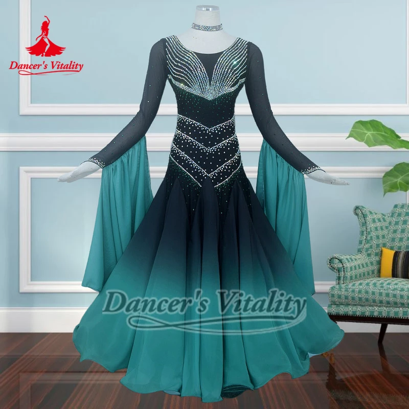 블랙-그린 그라데이션 컬러 포크스트롯 AB 스톤 드레스 맞춤형 성인&어린이 표준 소셜 댄스 대회 의상 댄서의 활력