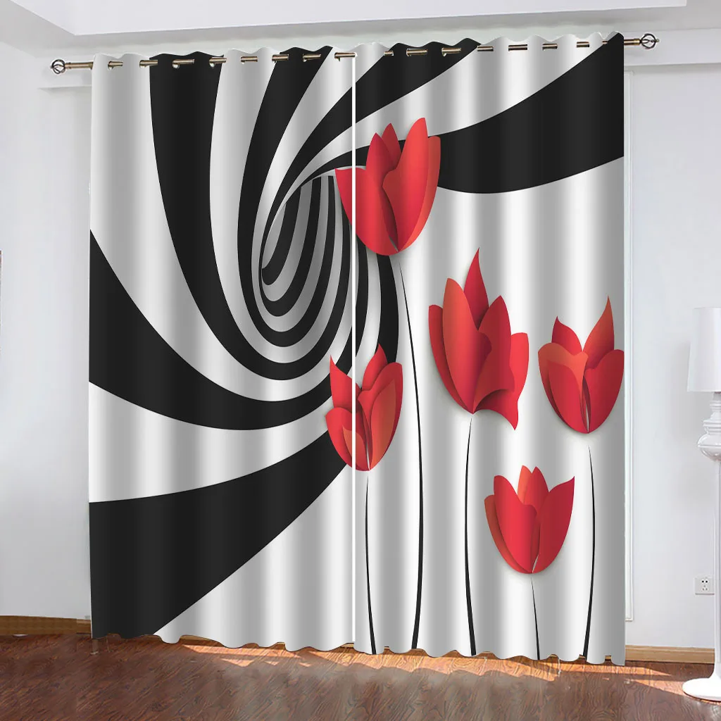 

HUANZHUANG Bedroom Blackout Curtains Black And White Striped Roses Cheap Modern Curtains For Windows Living Room Decor Pieces