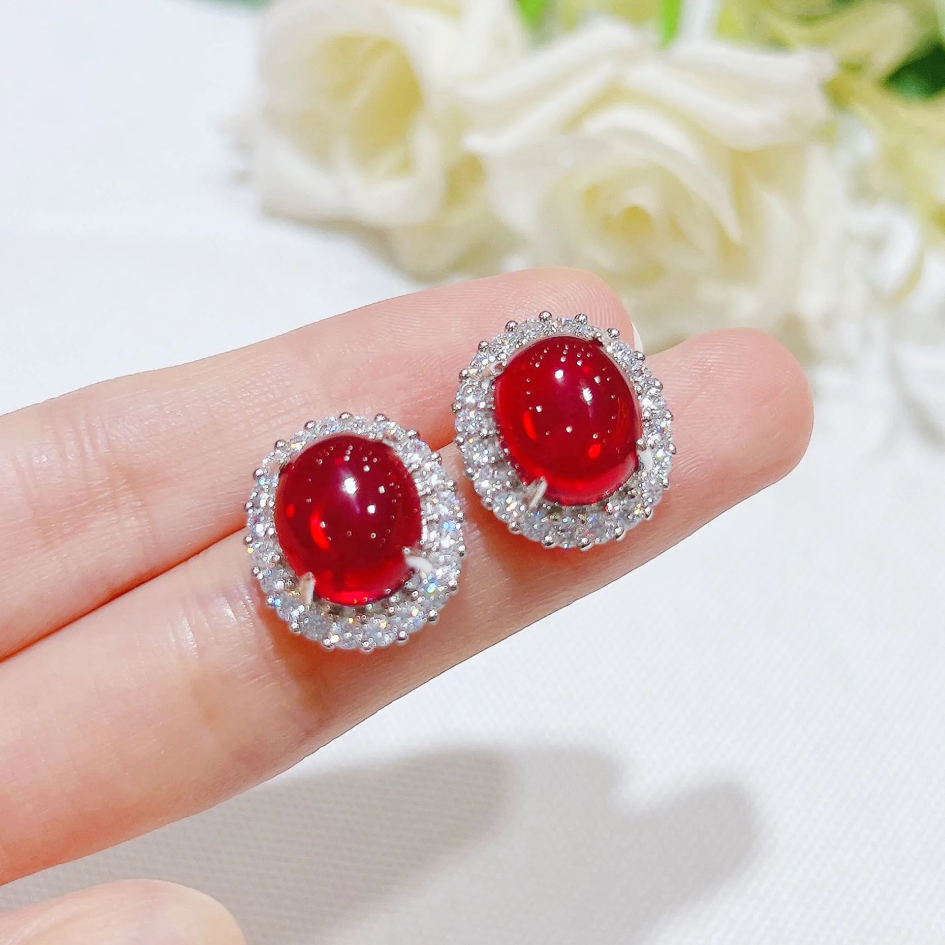 Foydjew New Luxury Simulation Pigeon Ruby Jewelry Sets For Women Exaggerated Big Red Stone Pendant Necklaces Stud Earrings Rings