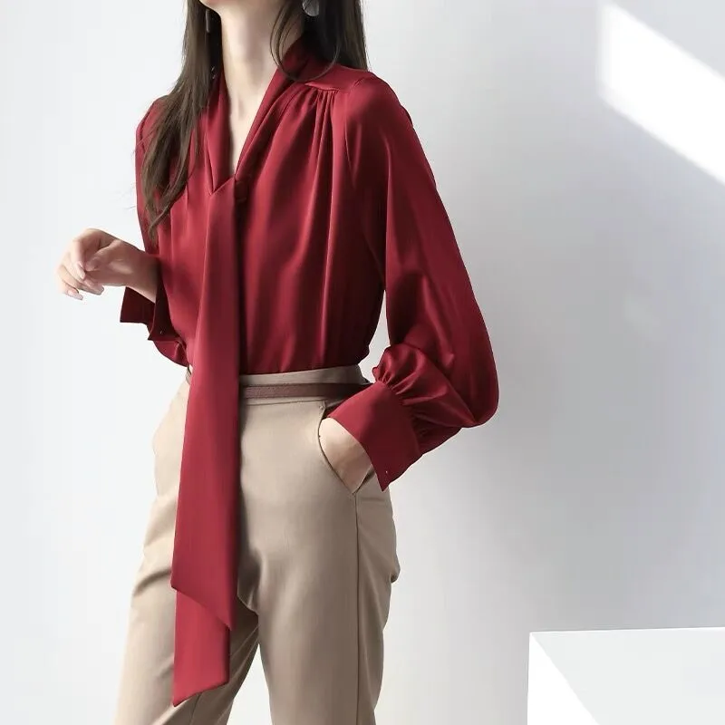 Spring Satin Shirt Women Fashion Elegant Lace Up ice silk Blouse office Ladies Imitation Silk Long Sleeve Shirt plus size 5XL