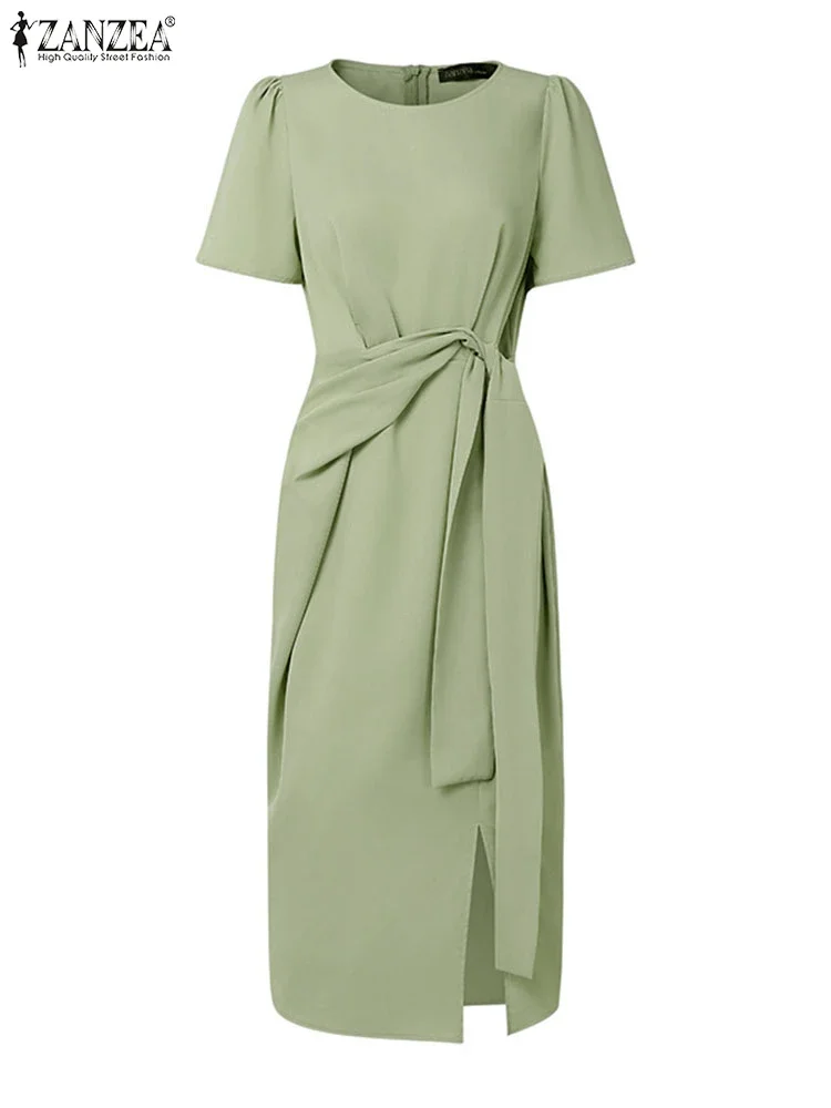 Elegante senhora do escritório vestidos zanzea 2025 vestido de verão feminino elegante manga curta fino ajuste festa vestidos sólido rendas até vestido de verão