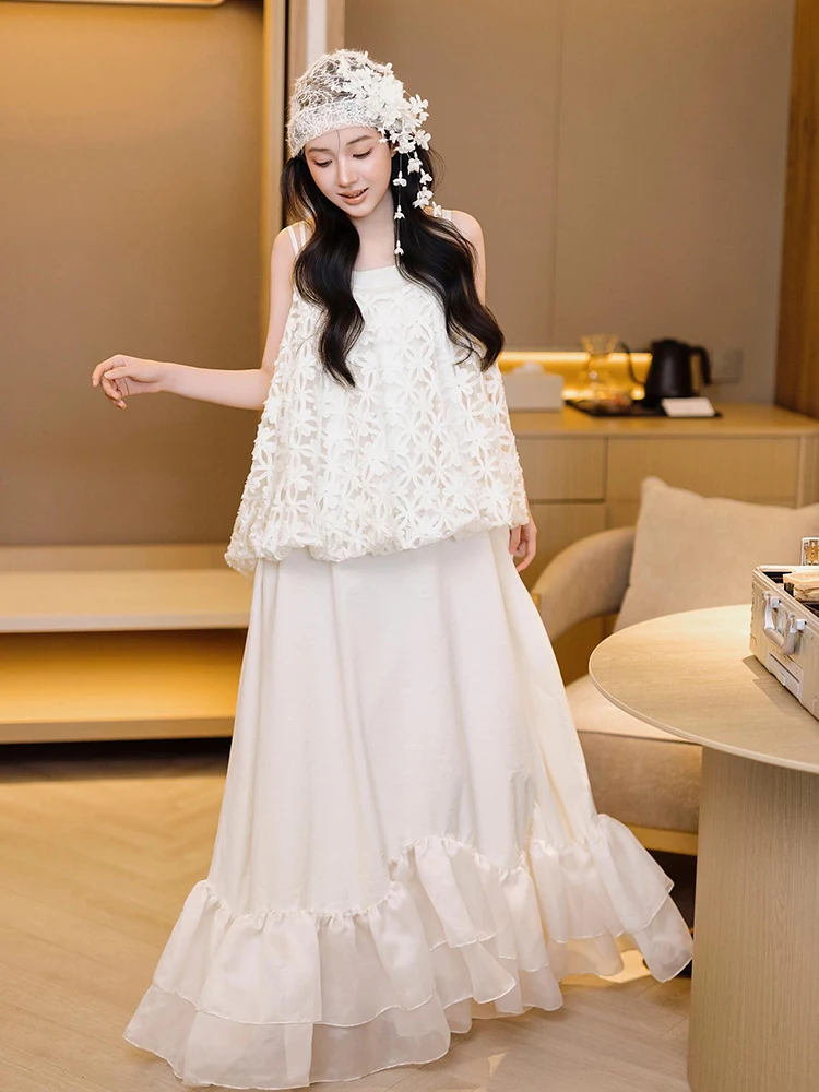 

Morning ot Wedding Dr Romantic Sle 3D Flower Embellied Strap Long Skirt Ele Draped Gown for Brides Fairy T Chic