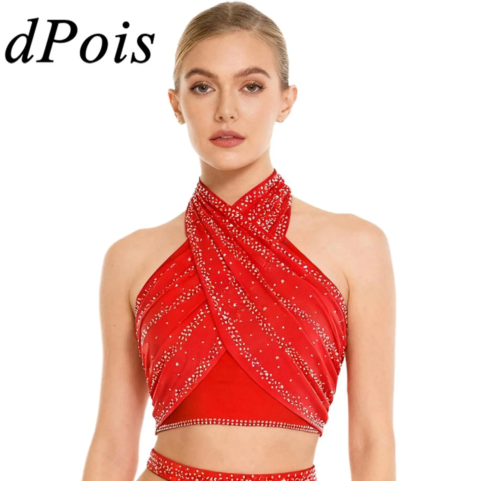 Vrouwen Salsa Cha-Cha Latin Danskostuum Halter Tops Mouwloze Vesten Backless Glanzende Steentjes Front Cross Mesh Crop Top