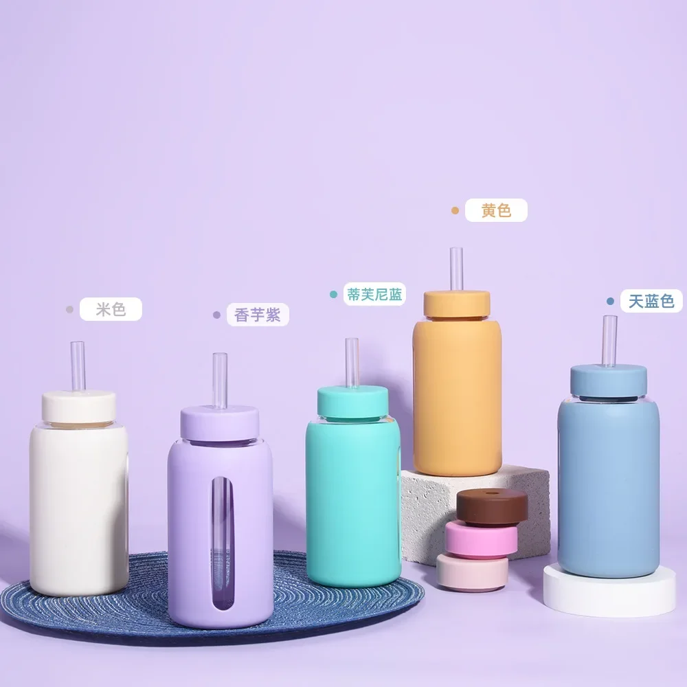 600ml Large Capacity Single-layer Glass Water Bottle with Silicone Sleeve,Time Scale And Straw,Drinkware,Portable Outdoor Cup