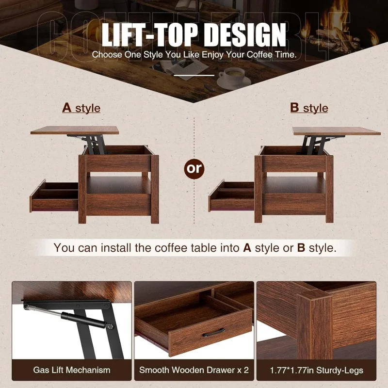 Table basse rétro centrale avec plateau en bois, plateau élévateur avec égouts de proximité et compartiment GNE, pour la vie